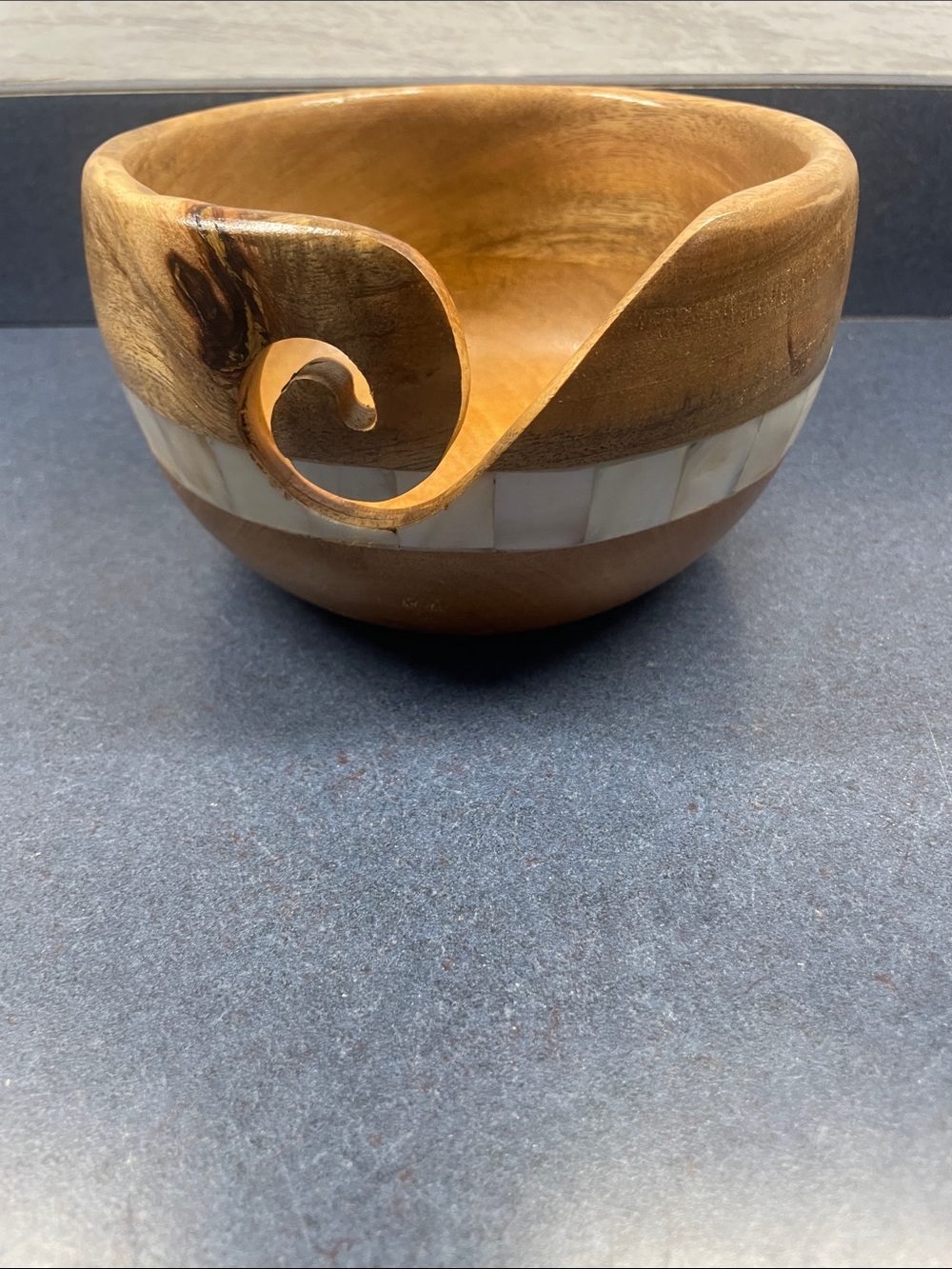 Yarn bowl all wood with capizre shell all around